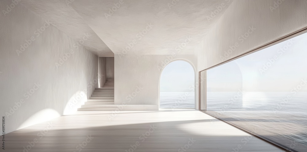 Fototapeta premium Rendering of a Modern Empty Room with Panoramic Sea View for Real Estate or Interior Design Generative AI