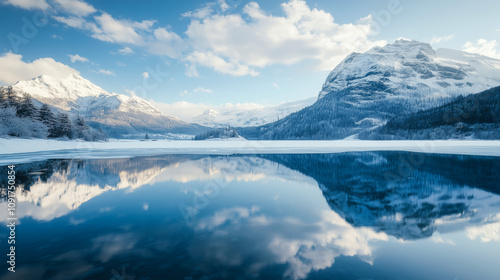 Mirror-Like Reflection on Frozen Lake with Snow-Capped Mountains - Winter Wilderness