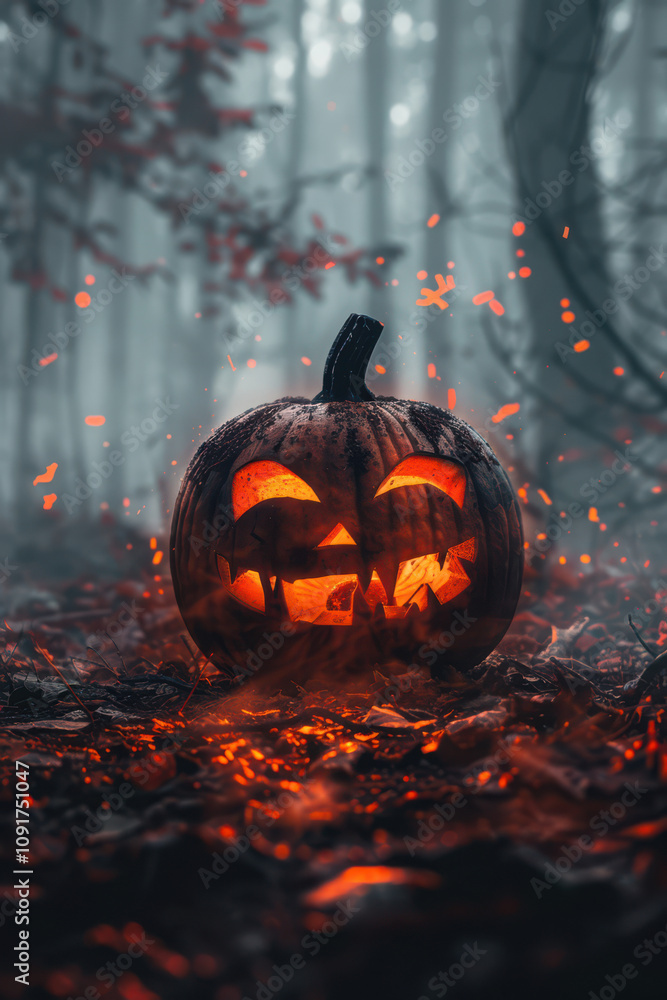 Halloween Pumpkin with glowing eyes on dark background