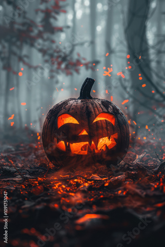 Obraz na płótnie Halloween Pumpkin with glowing eyes on dark background w salonie