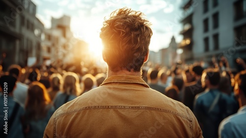 Silhouetted from the back, a man faces a vibrant crowd as the sun sets behind him, creating a dramatic light effect that highlights themes of hope and new beginnings. photo