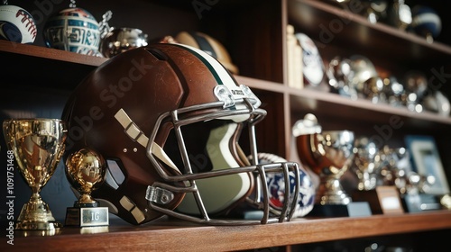 An antique leather football helmet, displayed on a shelf next to vintage sports memorabilia and trophies.
