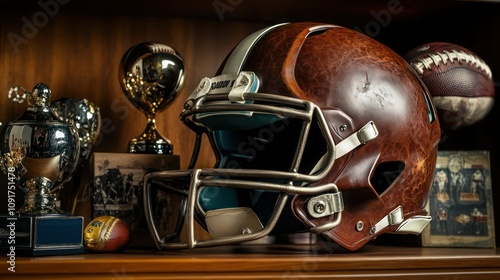 An antique leather football helmet, displayed on a shelf next to vintage sports memorabilia and trophies.