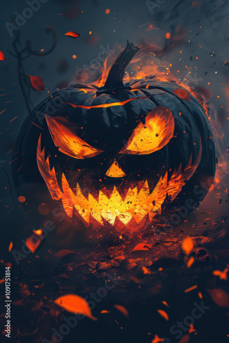 Halloween Pumpkin with glowing eyes on dark background