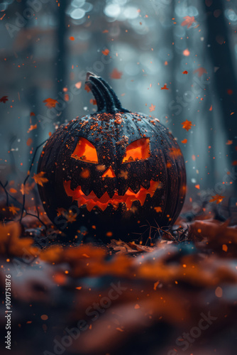 Halloween Pumpkin with glowing eyes on dark background