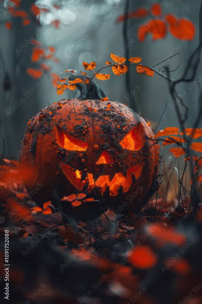 Halloween Pumpkin with glowing eyes on dark background
