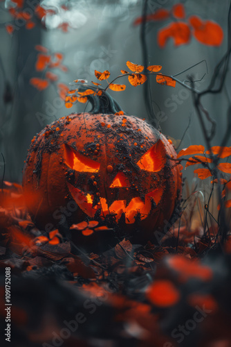 Obraz na płótnie Halloween Pumpkin with glowing eyes on dark background w salonie