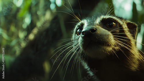 Capturing the Intriguing Curiosity of a Zorilla in its Natural Forest Habitat photo