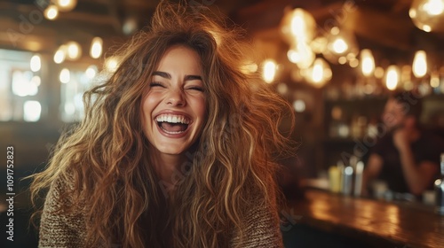 A woman with voluminous curly hair laughs wholeheartedly while sitting at a warmly lit bar, surrounded by a relaxed and friendly atmosphere of the evening. photo