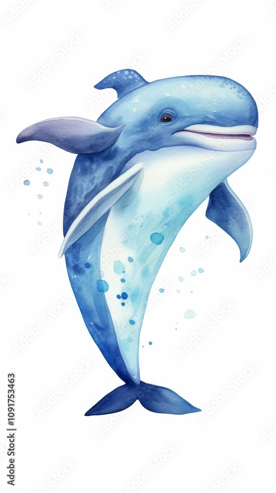Fototapeta premium Hand Drawn Watercolor Cute Whale Illustration on White Background for Children's Book or Nursery Decoration Generative AI