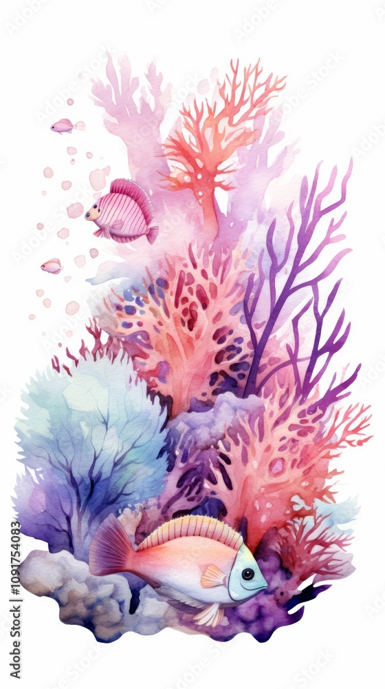 Fototapeta premium Whimsical Watercolor Coral Reef with Fish on White Background for Underwater Scene Illustrations Generative AI