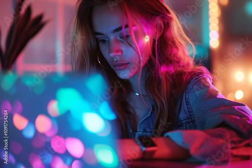 Young woman with glowing pink and blue light reflections on her face, focused on a laptop screen, surrounded by a vibrant, colorful atmosphere, evoking themes of technology, creativity