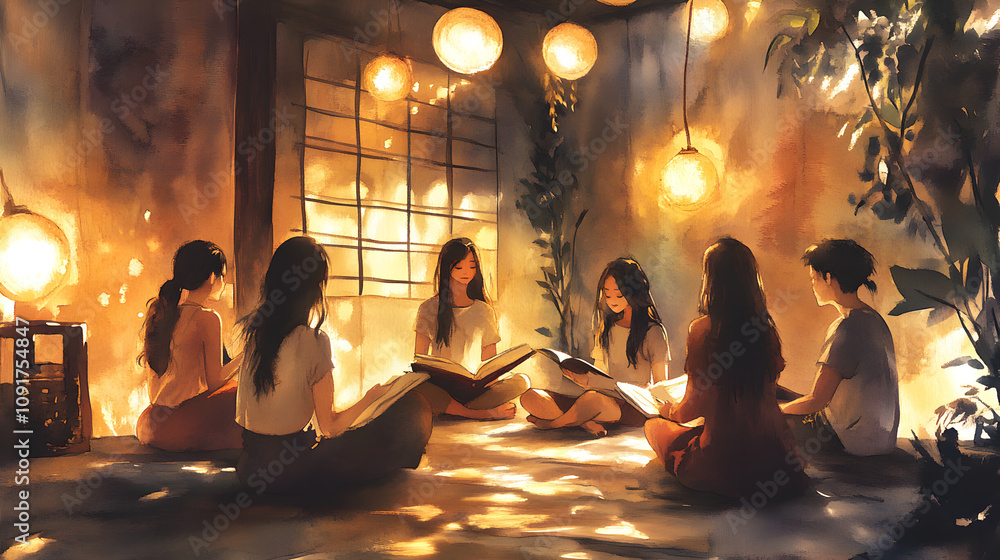 Obraz premium Friends Reading Together, Cozy Watercolor Painting, Warm Lighting, Book Club, Relaxation