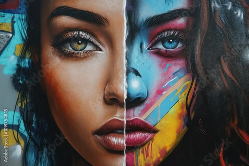 A detailed graffiti portrait of a womana??s face, with half of the image realistic and the other half abstract and colorful. photo