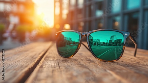 Stylish sunglasses with a reflective coating resting on a wooden surface with a sunny urban background showcasing a clear and vibrant cityscape reflection. photo