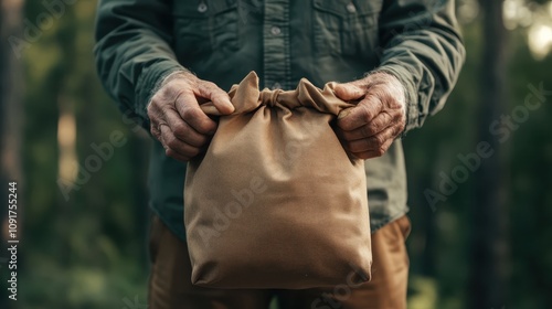 An elderly man with weathered hands holds a simple brown drawstring bag, representing simplicity, nostalgia, and a sense of cherished belongings.