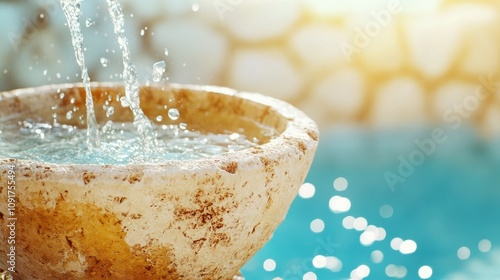 Baptismal Water Cascades Over Carved Stone Basin in Warm Light. Feast of the Baptism of the Lord