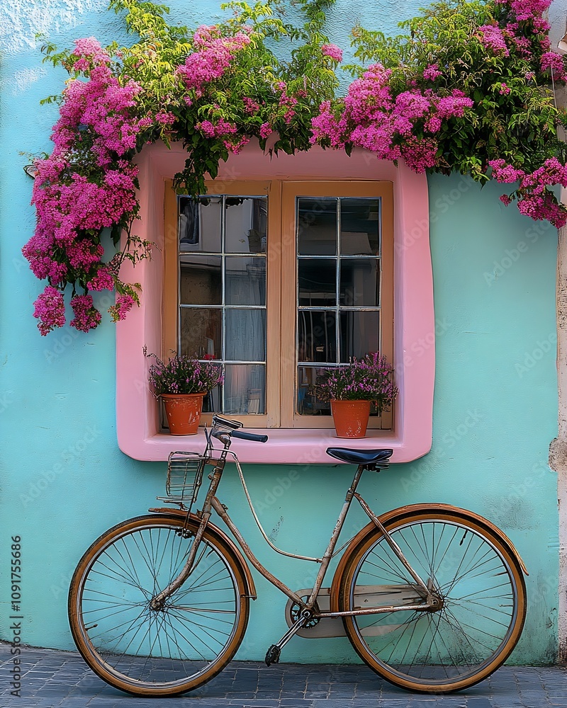 Charming Bicycle by Vibrant Pink Flowering Window on Pastel Blue Wall : Generative AI Charming Bicycle by Vibrant Pink Flowering Window on Pastel Blue Wall : Generative AI