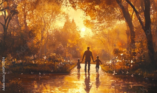 Wallpaper Mural A Family Strolls at Sunset in a Park, Enjoying Quality Time Together While Holding Hands Along a Scenic Pathway in Warm Golden Light Torontodigital.ca