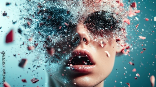 A striking artwork of a face with vividly explosive red and white particles, creating a surreal, dynamic visual effect. The elements blend realism with abstraction. photo