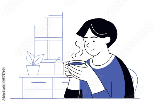 Young man enjoys a cup of hot morning coffee. Vector flat illustration