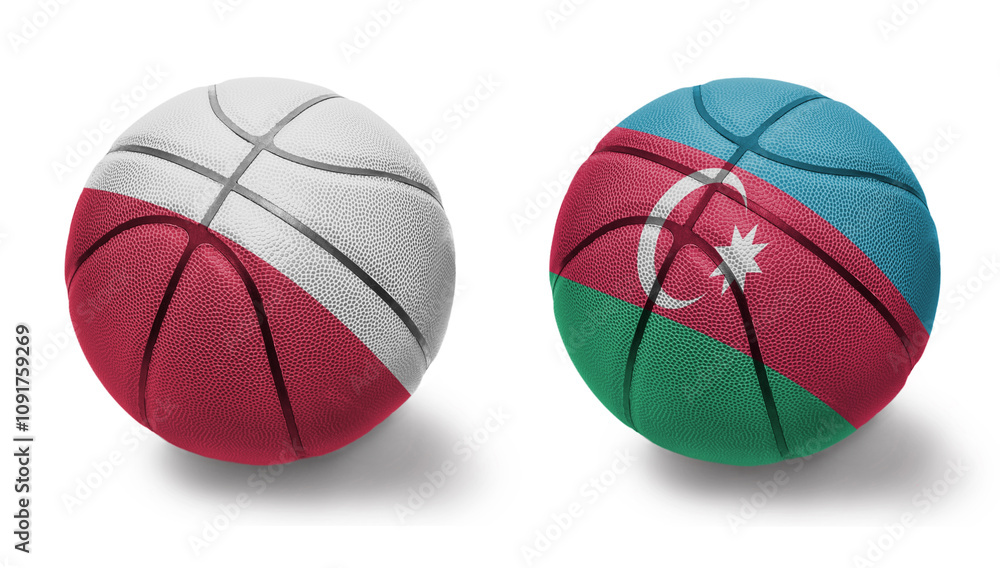 basketball balls with the national flags of azerbaijan and poland on the white background. basketball balls with the national flags of azerbaijan and poland on the white background.