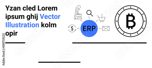 ERP icon in blue circle, black Bitcoin symbol, various business and technology icons, text in mixed fonts. Ideal for finance, technology, cryptocurrency, ERP systems, modern business, digital