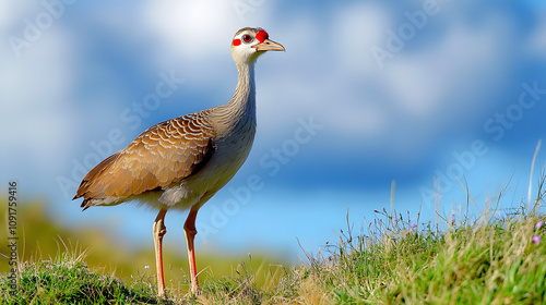 A Majestic Red-Legged Seriema in Its Lush Natural Habitat Surrounded by Flora and Fauna photo