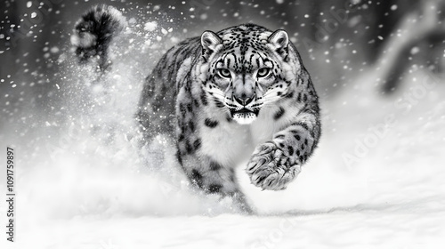 A Snow Leopard Stealthily Preparing to Pounce Through a Beautiful Snow-Covered Landscape photo