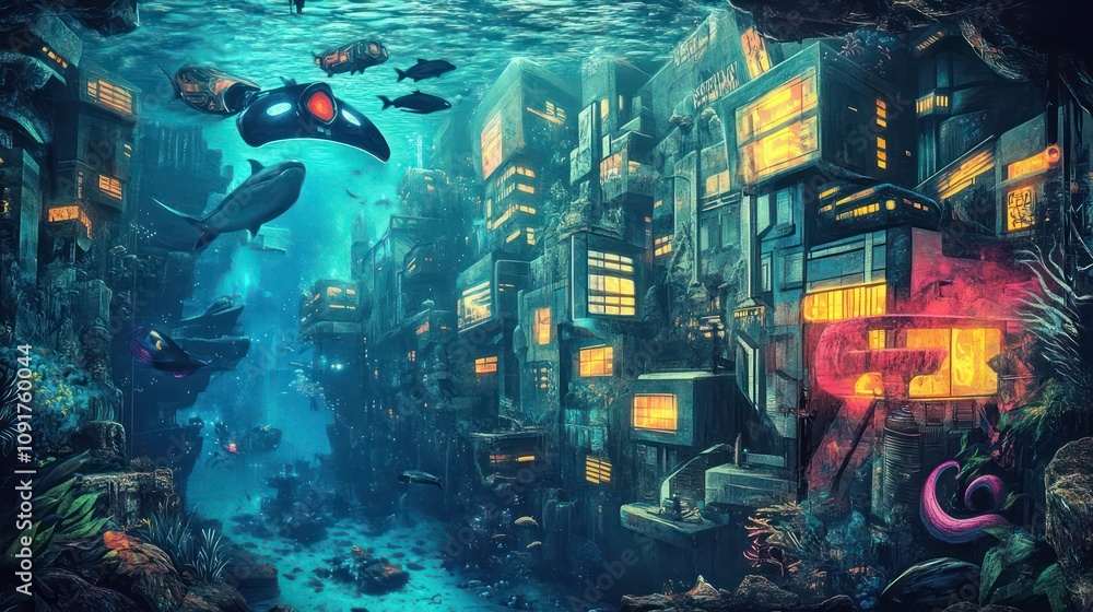 Naklejka premium A graffiti mural of a futuristic city underwater, with glowing buildings and sea creatures swimming through.