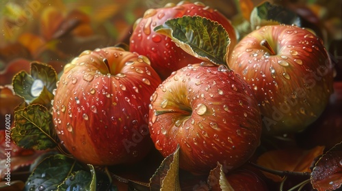 Juicy red apples glistening with raindrops amongst autumn leaves