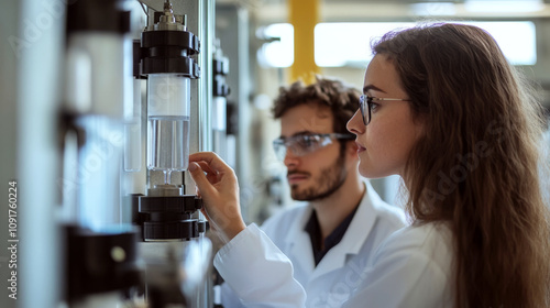 Two scientists in a lab, focused on equipment. Concept of research, science, and technology. For educational materials or scientific publications.