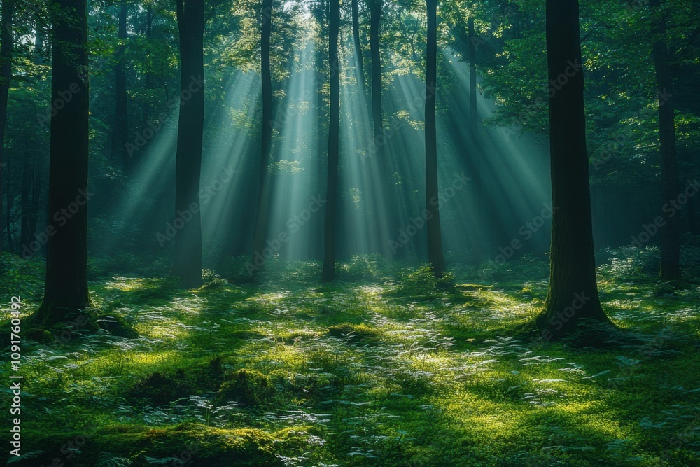Fototapeta premium Sunlight shining through the trees in a forest with moss