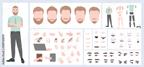 Business man avatar creation suitable for animation. Generator, constructor of diverse views of face, body, hands and leg parts. Male character construction for comfortable fast motion design.