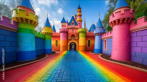 colorful rainbow castle with walkway