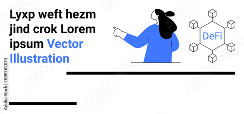 Character pointing at decentralized finance DeFi structure with hexagonal nodes, sample text, and clean geometric design. Ideal for fintech, blockchain, presentations, educational materials