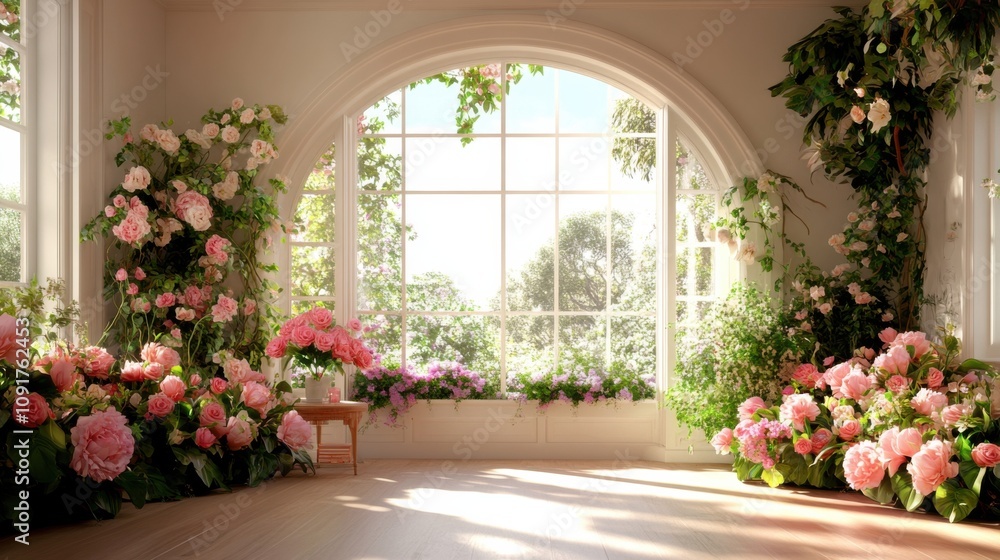 Fototapeta premium Sunlit room adorned with vibrant pink and white flowers, AI