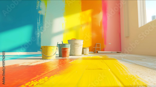 a first person shot of a a person painting a wall in a nice family home paint buckets half painted wall happy bright colorful Video game