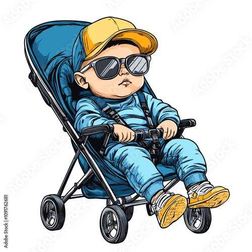 vector baby in cap and sunglasses in stroller .Generative AI