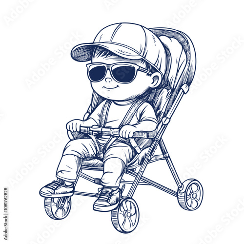 vector baby in cap and sunglasses in stroller .Generative AI