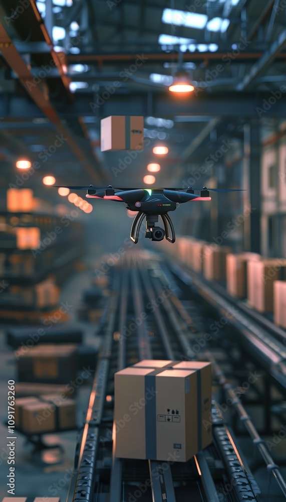 Obraz premium Autonomous Drone Delivering Packages in a High-Tech Industrial Setting for Modern Logistics