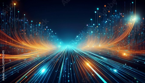 abstract tech background with illuminated fiber optic connections quantum computing network system and electronic global intelligence