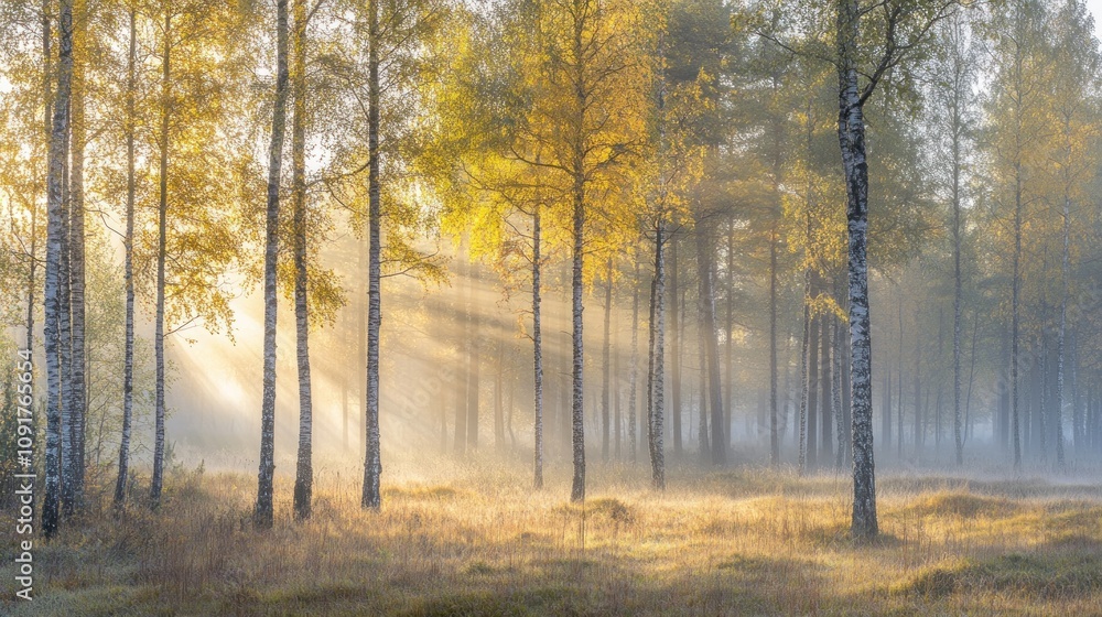 Golden Sunlight Beams Through Autumn Birch Forest Golden Sunlight Beams Through Autumn Birch Forest