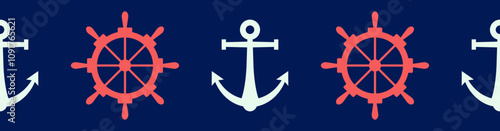 Vector seamless pattern border with marine elements in flat style. Red and blue nautical objects. Helm and anchor repeating illustration