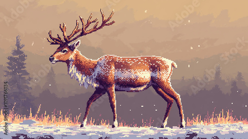 Elk moose with horns pixel art icon, stag deer isolated vector illustration. Game assets 8-bit sprite. Design sticker, logo, mobile app, embroidery. photo