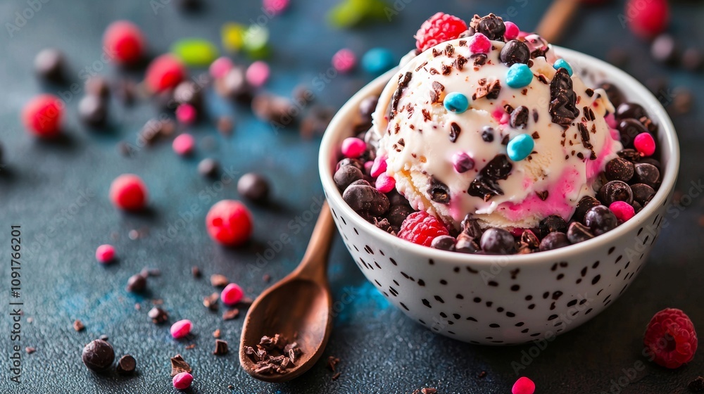 Naklejka premium Ice cream bowl with berries, chocolate chips, and candy