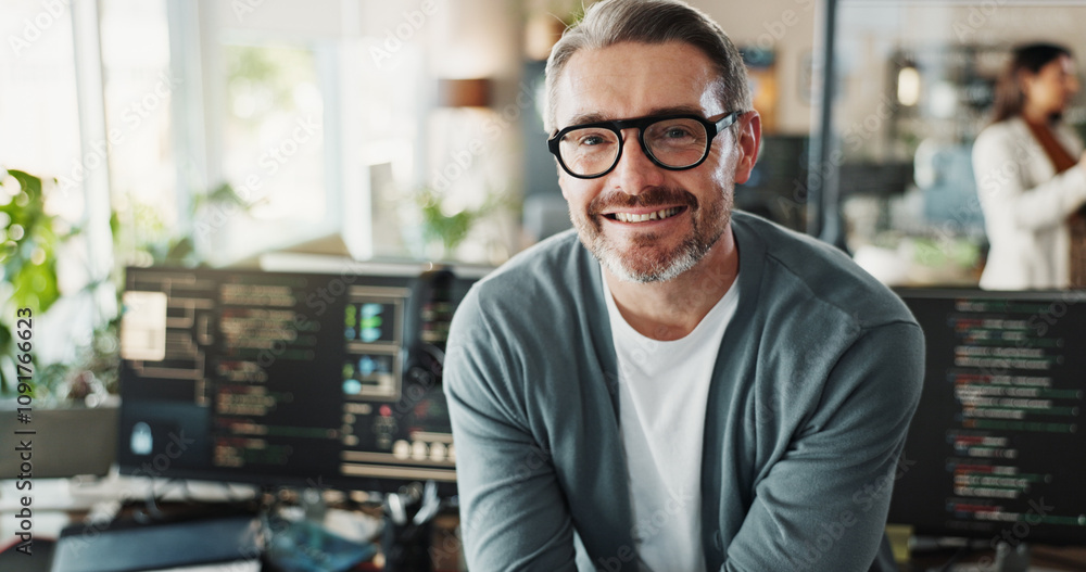 Fototapeta premium Man, engineer and glasses in office for portrait, web programming and software development on screen. Mature programmer, happy and tech in agency for cybersecurity, coding or smile for startup growth