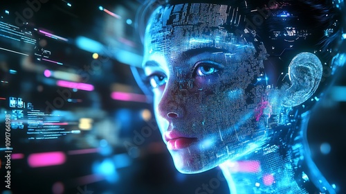 Wallpaper Mural Futuristic Digital Woman with Cyber Technology Glowing Face in Neon Light : Generative AI Torontodigital.ca