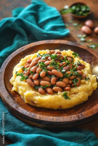 Traditional Tanzanian dish of Ugali and Maharage on a rustic wooden plate photo