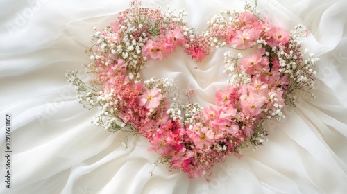 A whimsical heart-shaped floral design with pink wildflowers, baby's breath, and soft feathers arranged on white silky fabric. Delicate textures and airy composition evoke romance and elegance.